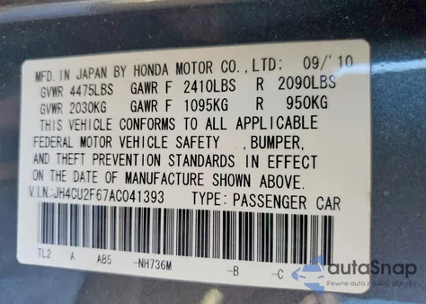 2010 Acura Tsx z USA, uszkodzony, nr VIN JH4CU2F67AC041393